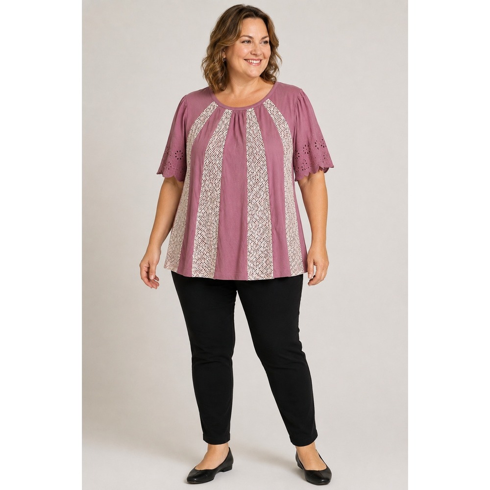 LOGO Lori Goldstein Blouse Women's 2X Eyelet Sunburst Crochet Knit Pink